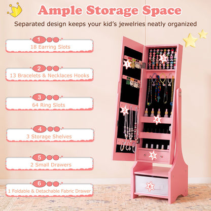 Kids Jewelry Armoire Cabinet with LED Light and Full-Length Mirror Storage Slots-Pink