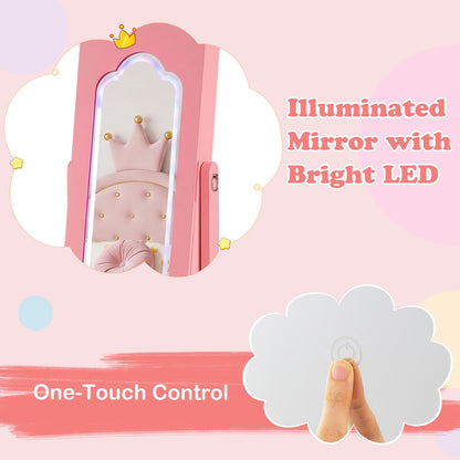 Kids Jewelry Armoire Cabinet with LED Light and Full-Length Mirror Storage Slots-Pink