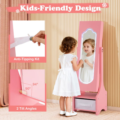 Kids Jewelry Armoire Cabinet with LED Light and Full-Length Mirror Storage Slots-Pink