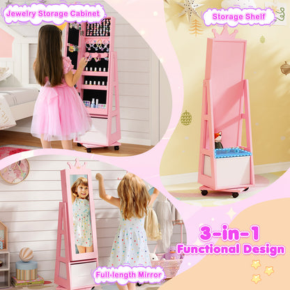 Kids Jewelry Armoire Cabinet with Swivel Base and Lockable Universal Wheels