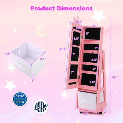 Kids Jewelry Armoire Cabinet with Swivel Base and Lockable Universal Wheels