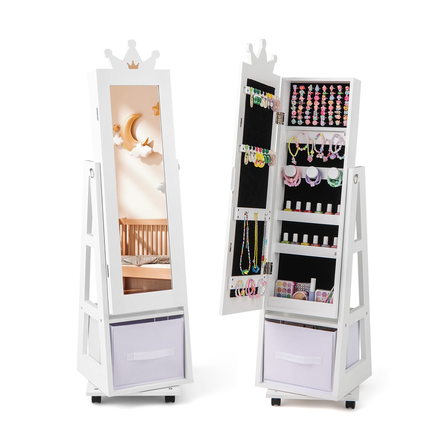 Kids Jewelry Armoire Cabinet with Swivel Base and Lockable Universal Wheels-Pink - White