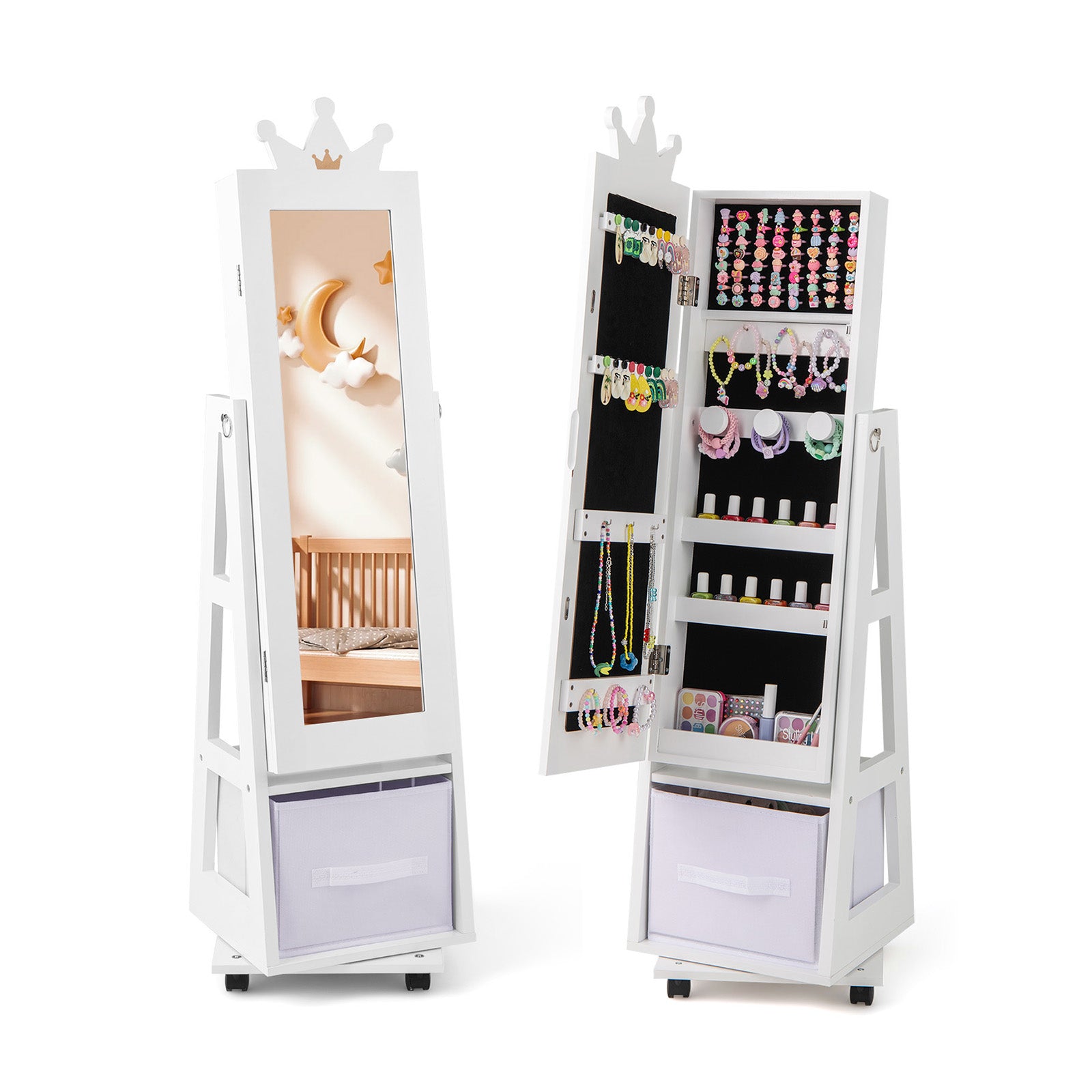 Kids Jewelry Armoire Cabinet with Swivel Base and Lockable Universal Wheels-Pink - White
