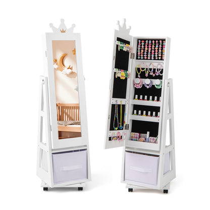Kids Jewelry Armoire Cabinet with Swivel Base and Lockable Universal Wheels-Pink - White