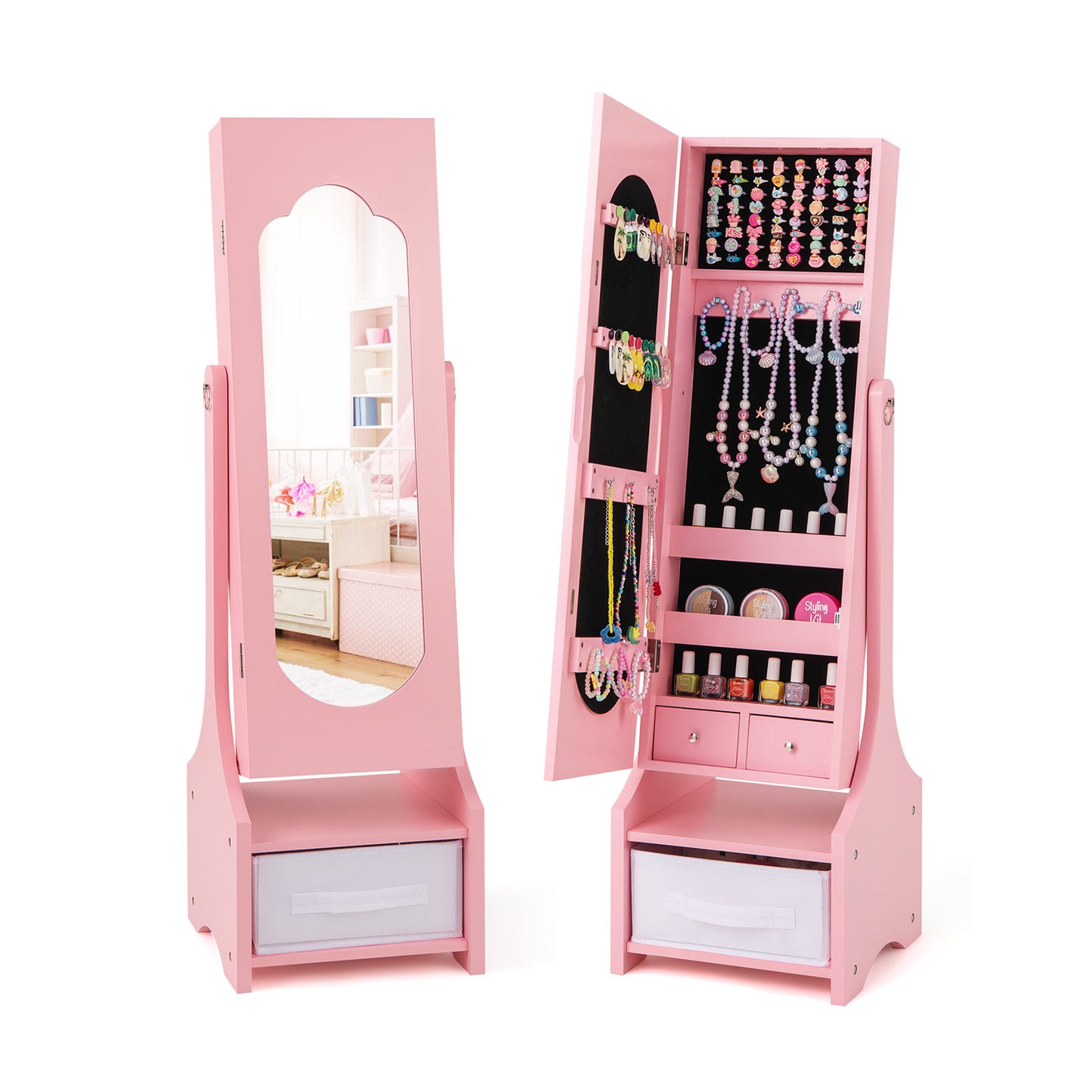 Freestanding Kids Jewelry Armoire Cabinet with Storage and 2 Tilt Angles