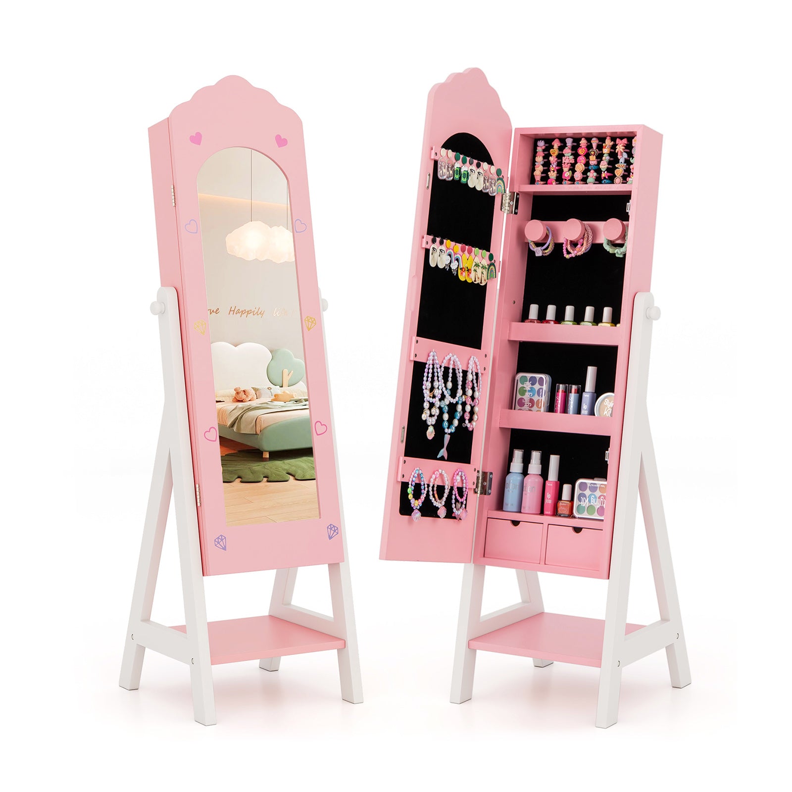 Kids Jewelry Organizer with Full Length Mirror Drawers and Storage Shelves-Pink - Pink