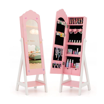 Kids Jewelry Organizer with Full Length Mirror Drawers and Storage Shelves-Pink - Pink