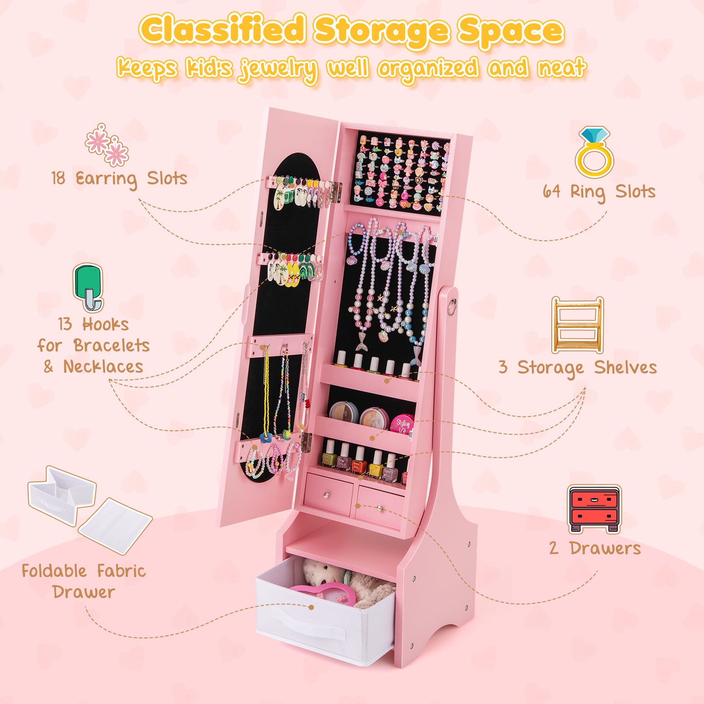 Freestanding Kids Jewelry Armoire Cabinet with Storage and 2 Tilt Angles