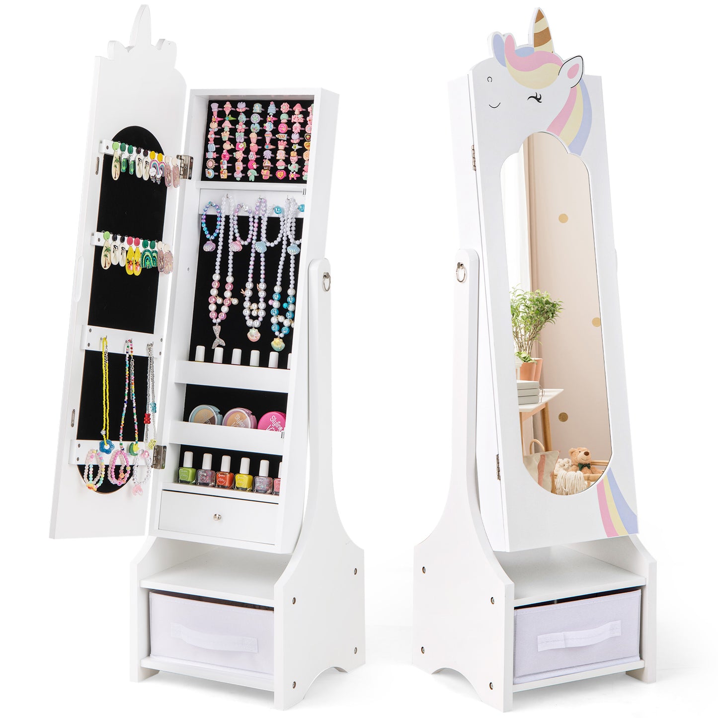 Kids Jewelry Armoire Cabinet with Storage and 2 Tilt Angles-Pink - White