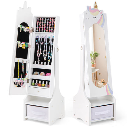 Kids Jewelry Armoire Cabinet with Storage and 2 Tilt Angles-Pink - White