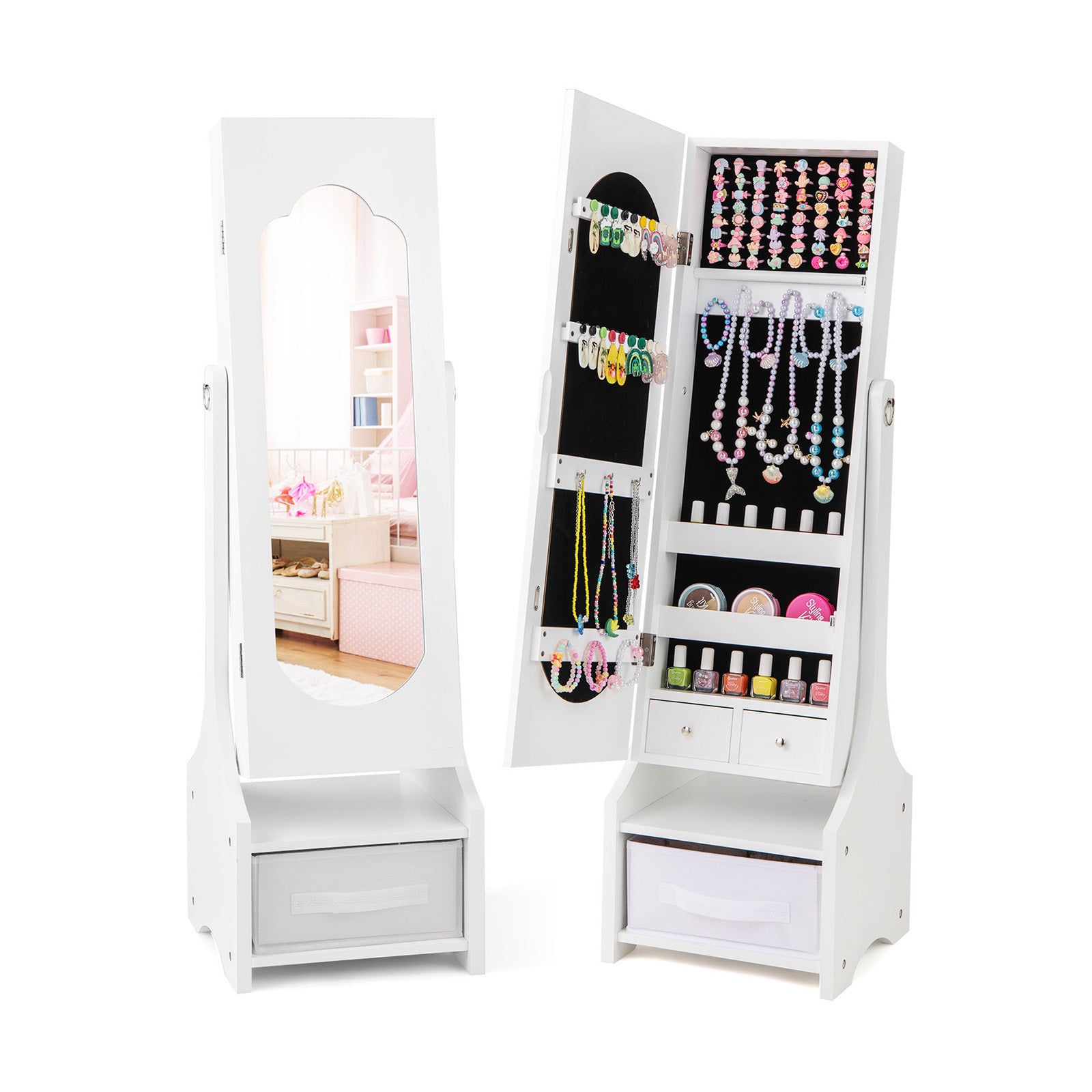 Freestanding Kids Jewelry Armoire Cabinet with Storage and 2 Tilt Angles-Pink - White