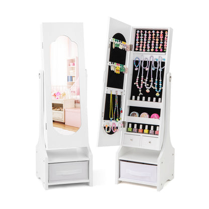 Freestanding Kids Jewelry Armoire Cabinet with Storage and 2 Tilt Angles-Pink - White