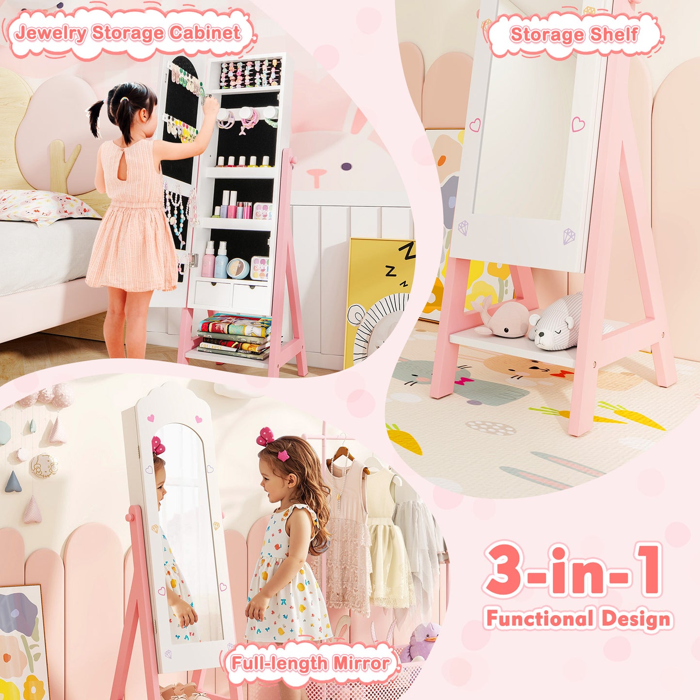Kids Jewelry Organizer with Full Length Mirror Drawers and Storage Shelves-White