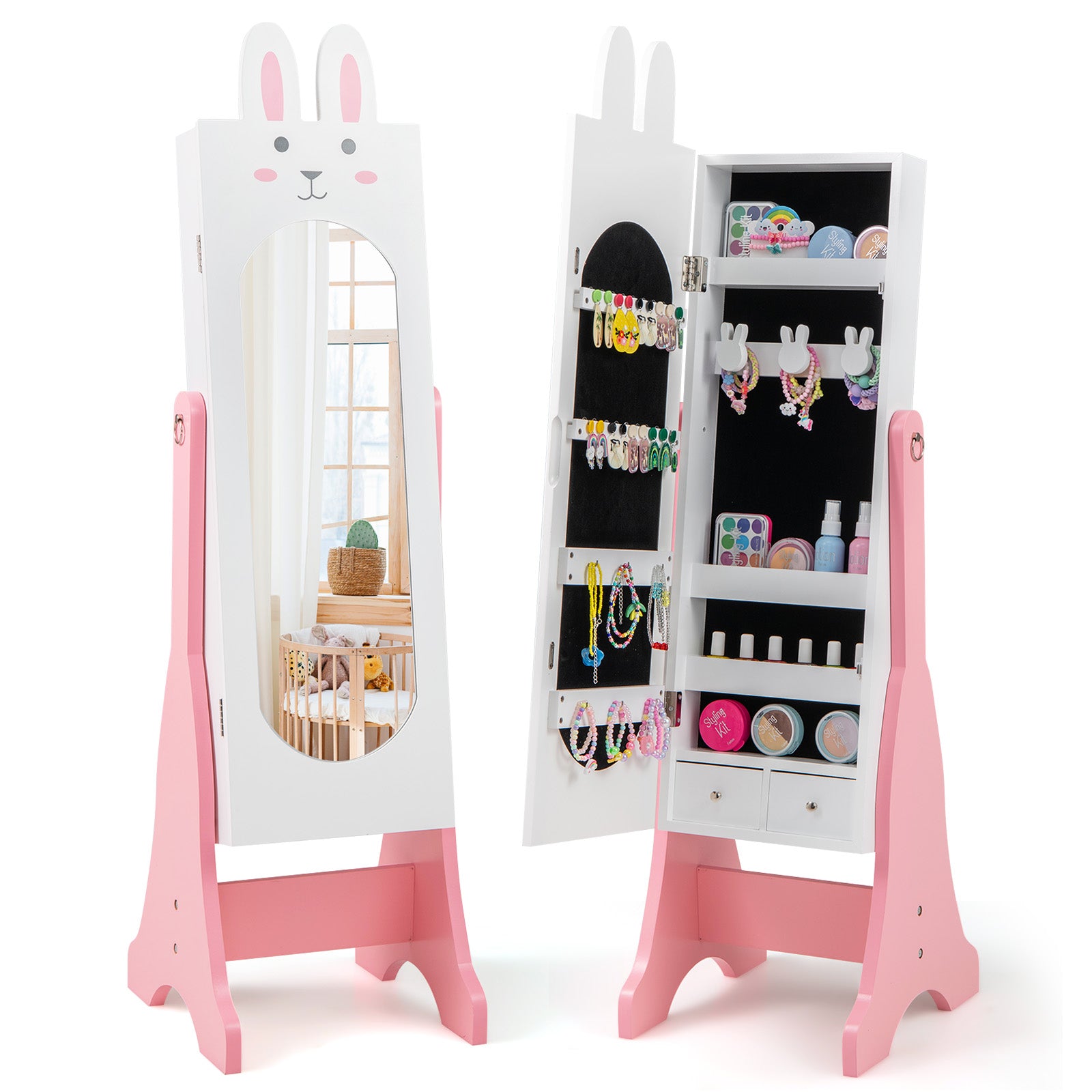 Kids Jewelry Armoire Cabinet with 2 Tilt Angles and Large Capacity-Pink - White