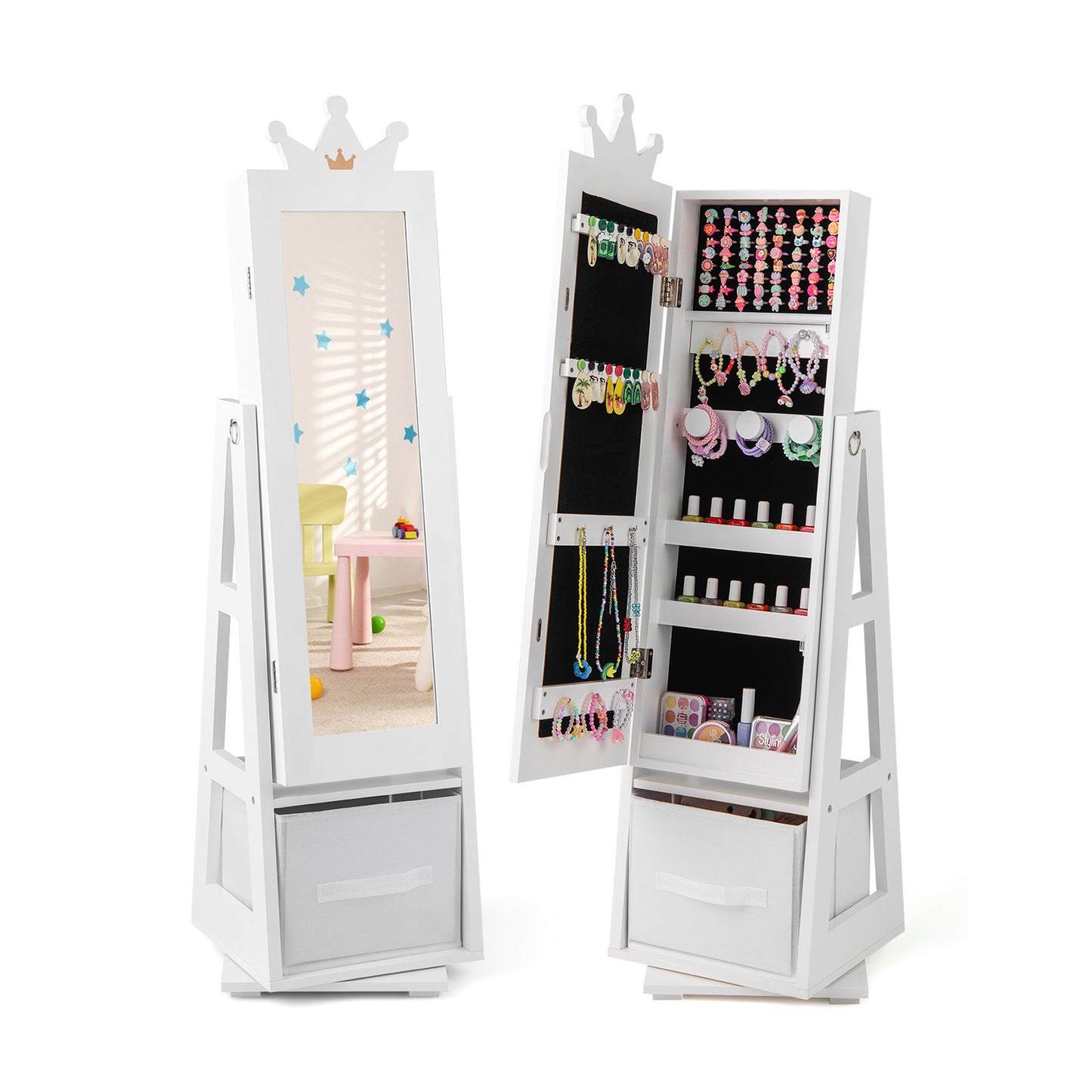 Kids Jewelry Armoire Cabinet with Large Storage Capacity and Swivel Base-Pink - White