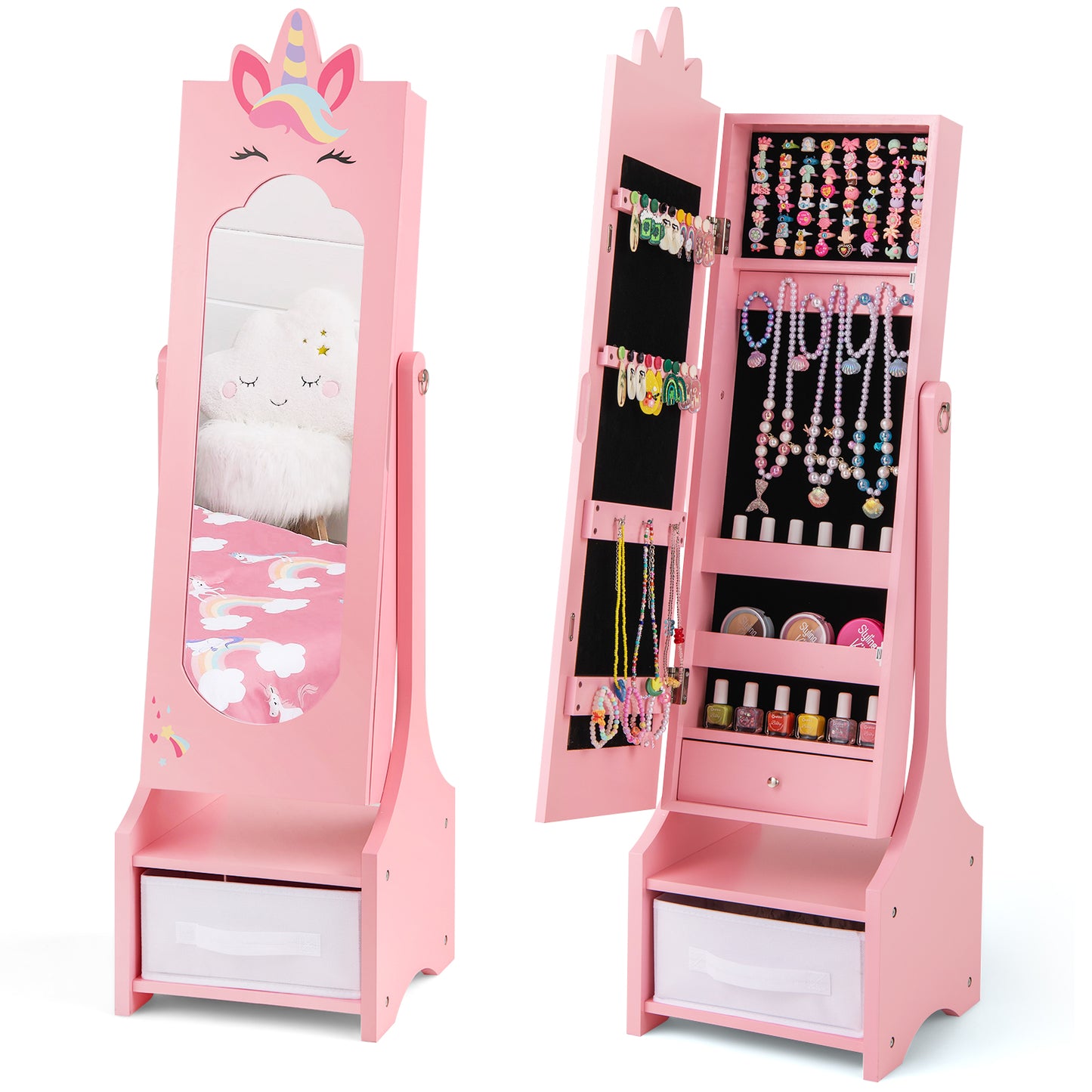 Kids Jewelry Cabinet with Full-Length Mirror for Kids Bedroom and Playroom