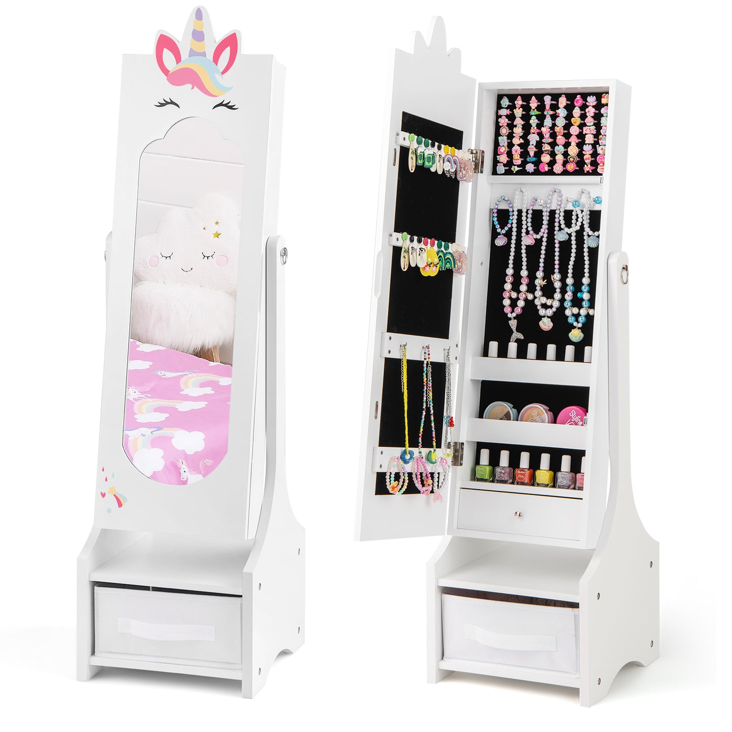 Kids Jewelry Cabinet with Full-Length Mirror for Kids Bedroom and Playroom-Pink - White
