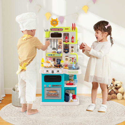 Kids Kitchen Playset Pretend Play Kitchen with Realistic Sounds and Lights-Blue