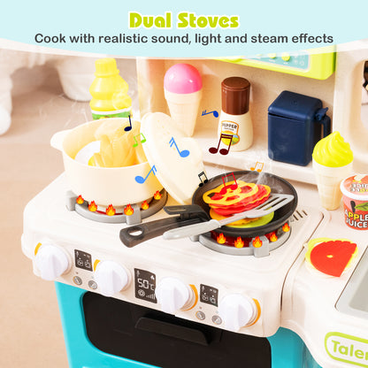 Kids Kitchen Playset Pretend Play Kitchen with Realistic Sounds and Lights-Blue