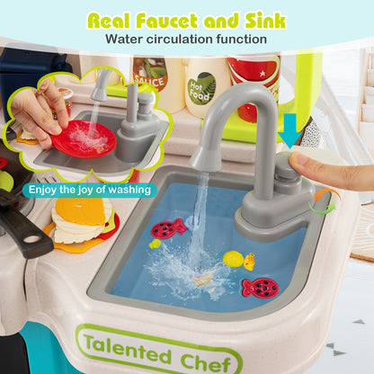 Kids Kitchen Playset Pretend Play Kitchen with Realistic Sounds and Lights-Blue