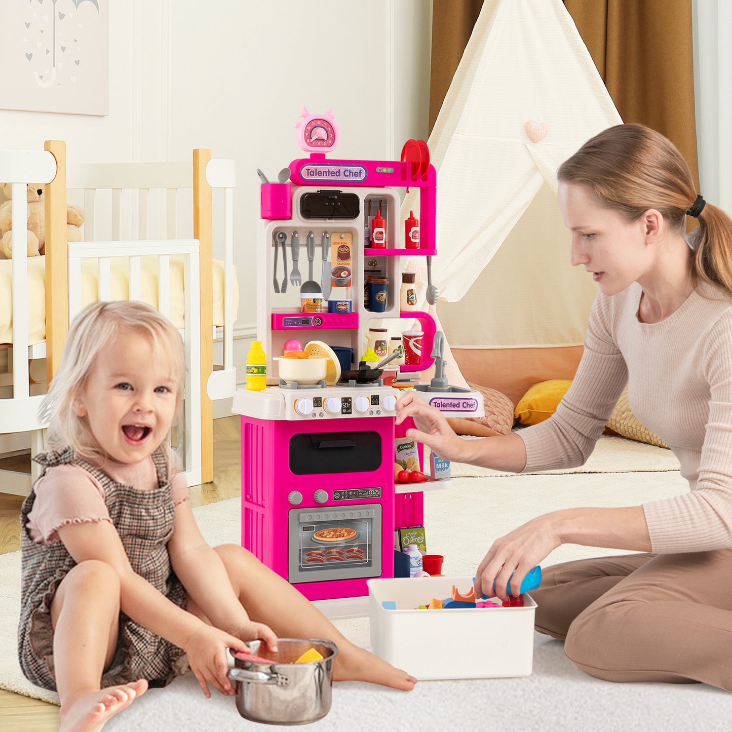 Kids Kitchen Playset Pretend Play Kitchen with Realistic Sounds and Lights-Pink