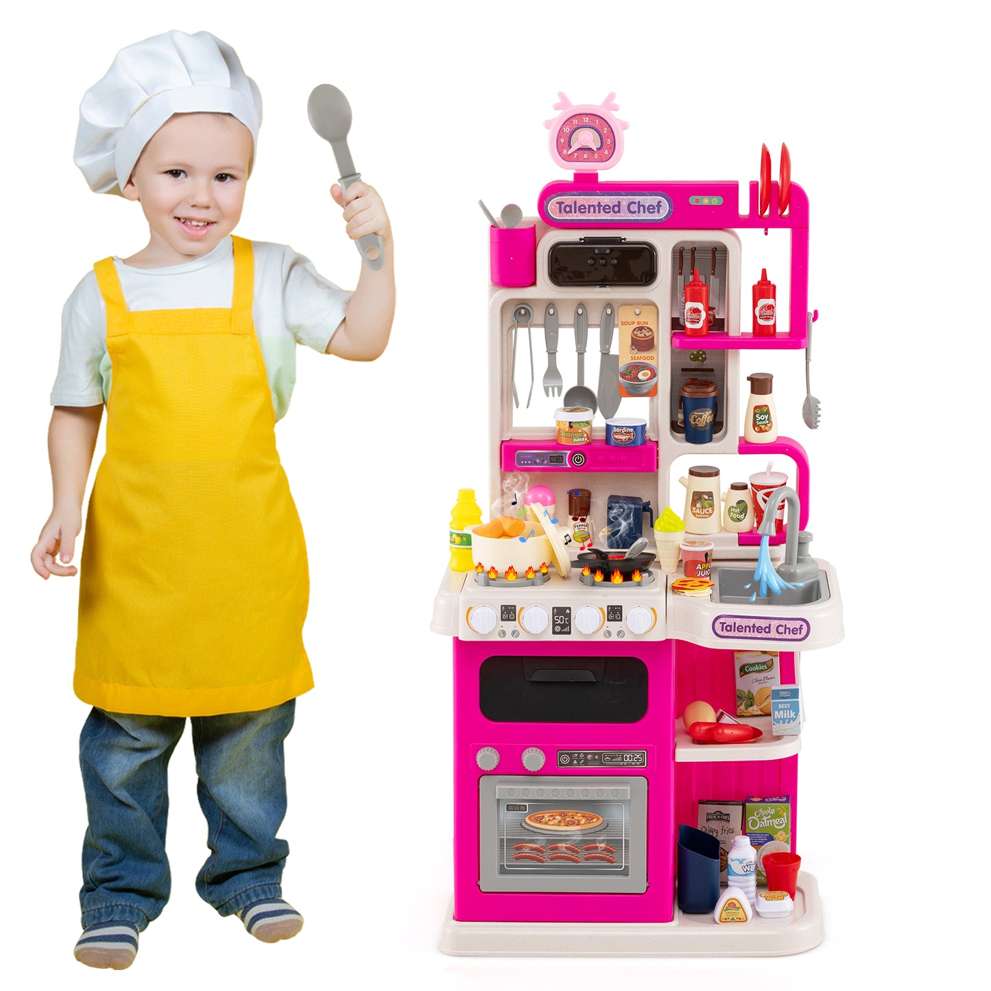 Kids Kitchen Playset Pretend Play Kitchen with Realistic Sounds and Lights-Pink