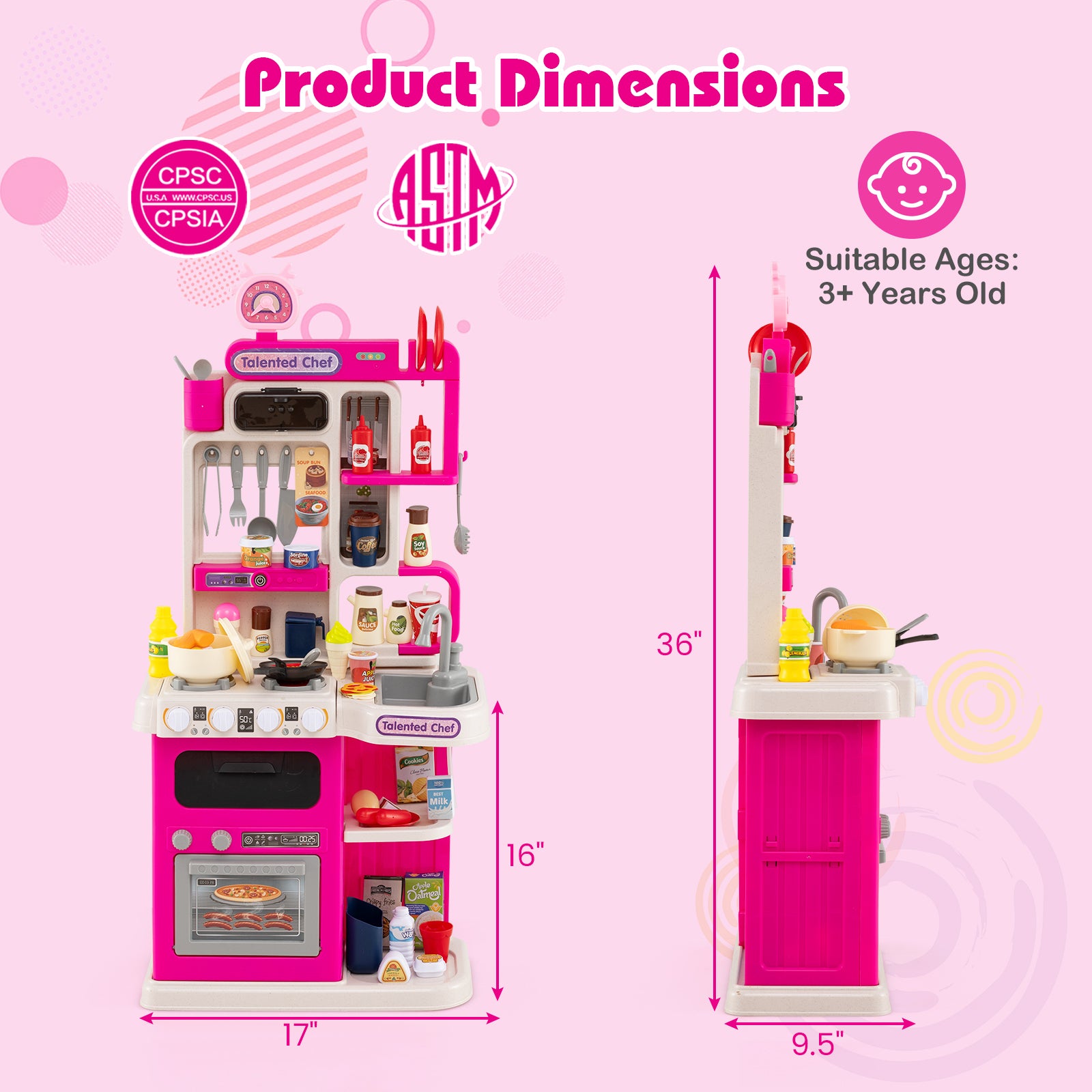 Kids Kitchen Playset Pretend Play Kitchen with Realistic Sounds and Lights-Pink