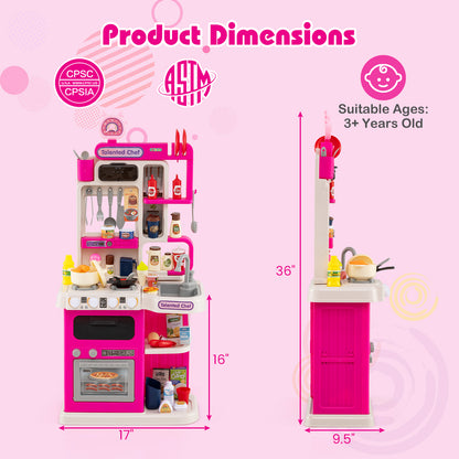 Kids Kitchen Playset Pretend Play Kitchen with Realistic Sounds and Lights-Pink