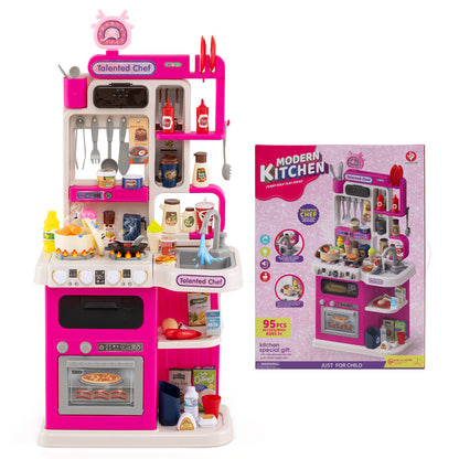 Kids Kitchen Playset Pretend Play Kitchen with Realistic Sounds and Lights-Pink