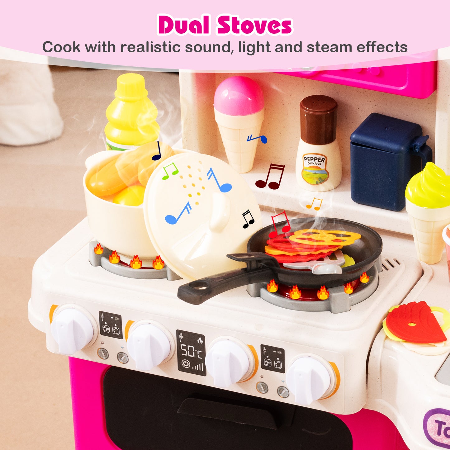 Kids Kitchen Playset Pretend Play Kitchen with Realistic Sounds and Lights-Pink