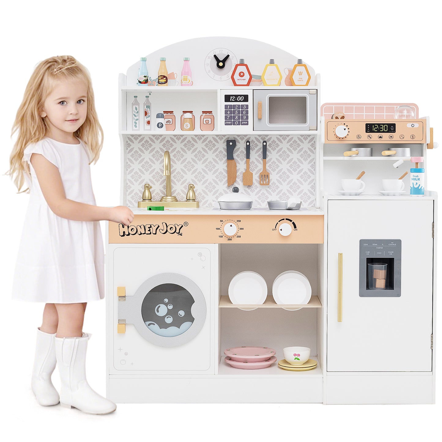 Kids Kitchen Set Wooden with Coffee Makers and Accessories-Pink - White