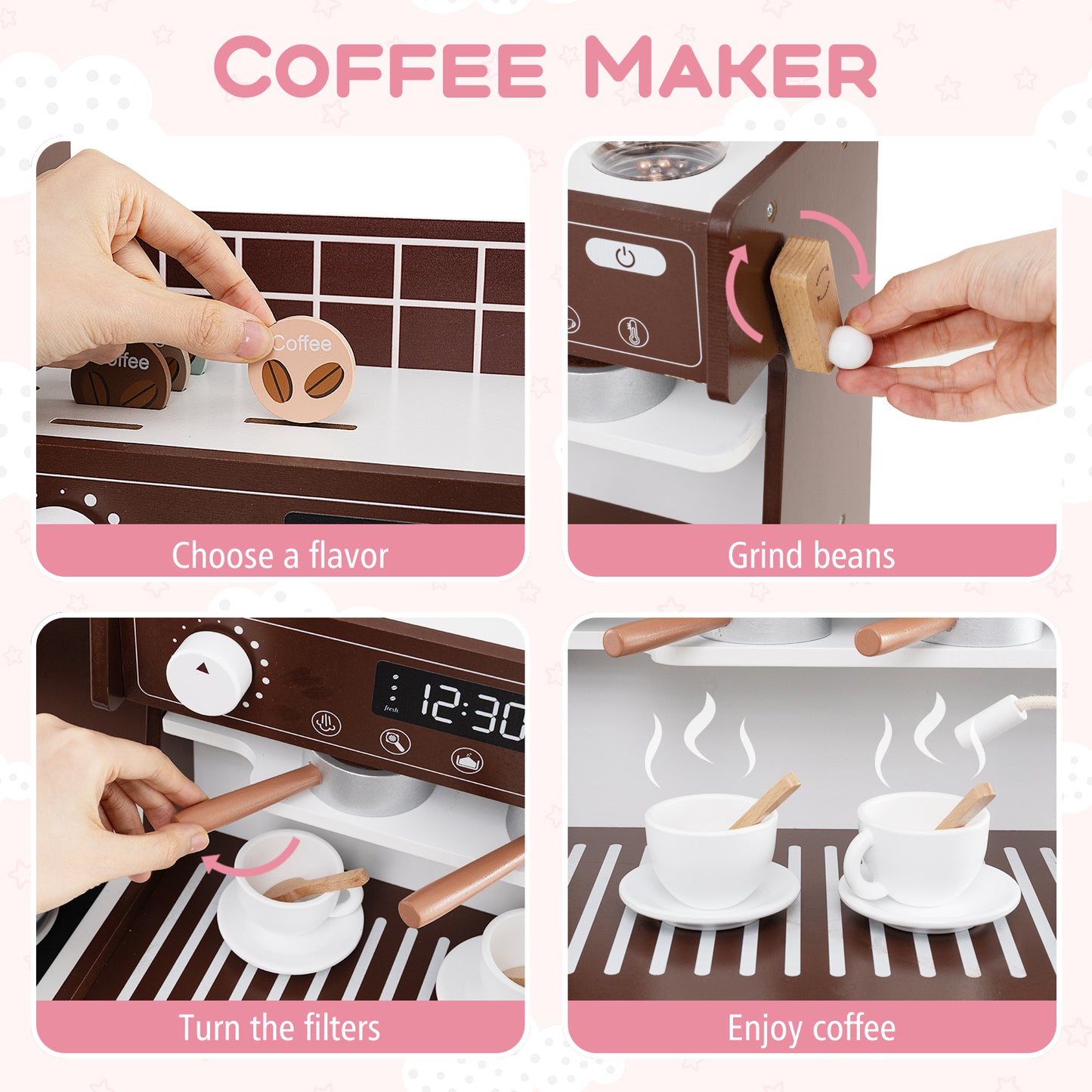 Kids Kitchen Set Wooden with Coffee Makers and Accessories