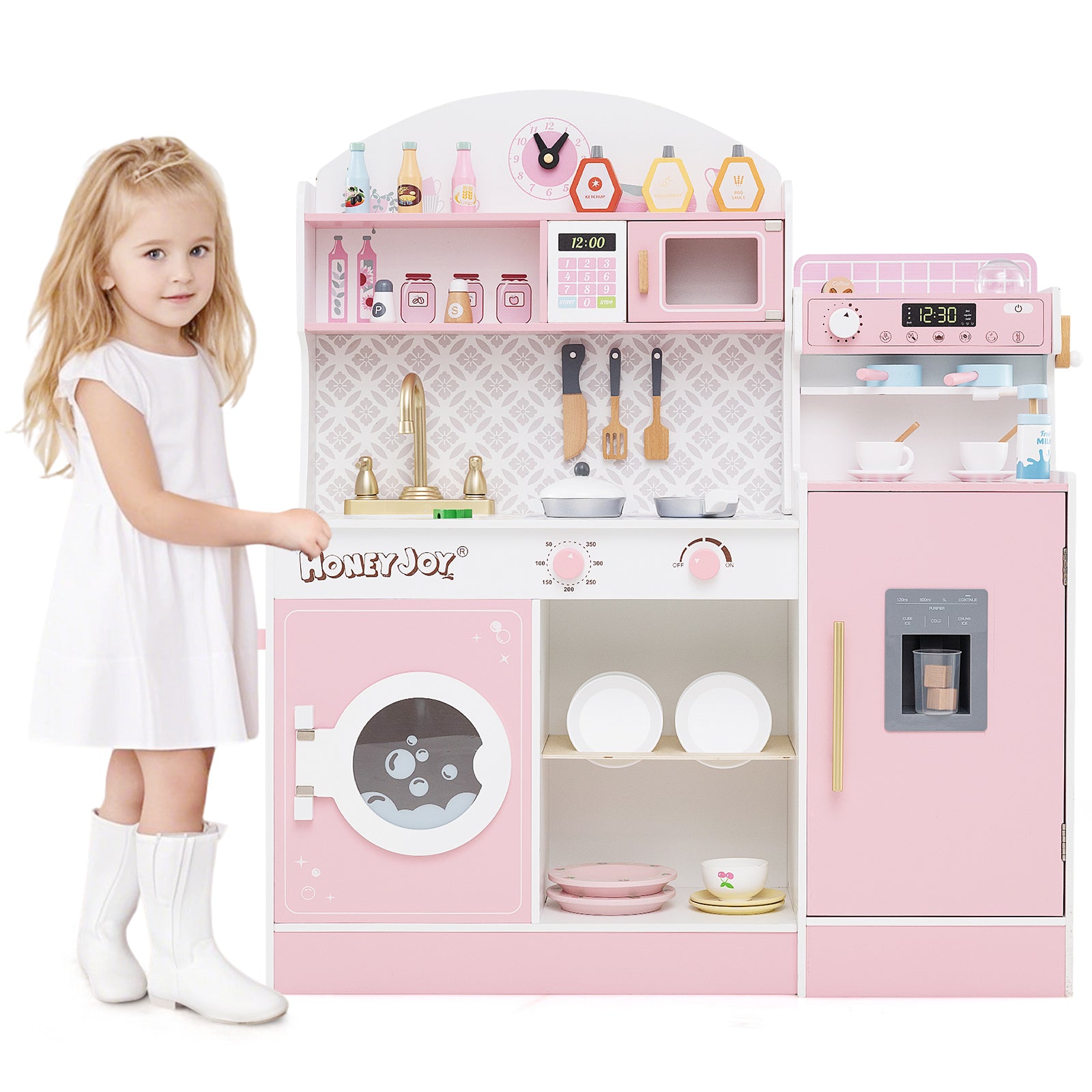 Kids Kitchen Set Wooden with Coffee Makers and Accessories-Pink - Pink