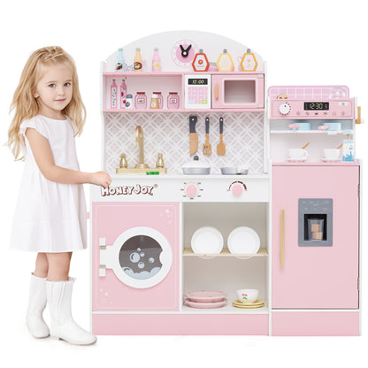 Kids Kitchen Set Wooden with Coffee Makers and Accessories-Pink - Pink