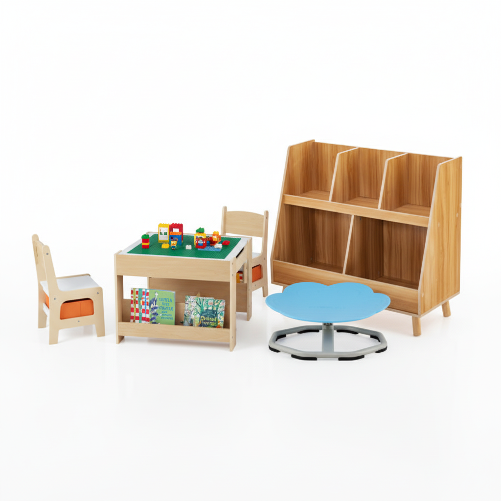 Kids Learning & Play Essentials Bundle ‚Äî Bookshelf + 4-in-1 Activity Table Set + 360¬∞ Swivel Chair