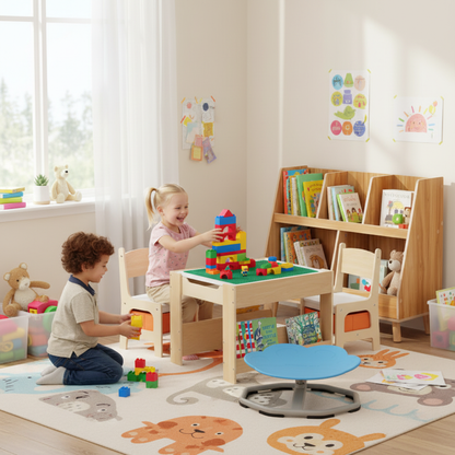 Kids Learning & Play Essentials Bundle ‚Äî Bookshelf + 4-in-1 Activity Table Set + 360¬∞ Swivel Chair