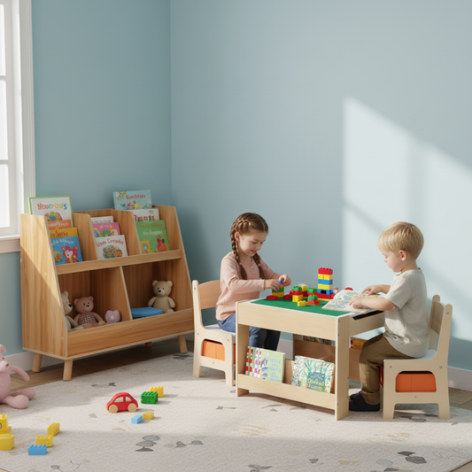 Kids Learning & Play Essentials Bundle ‚Äî Bookshelf + 4-in-1 Activity Table Set + 360¬∞ Swivel Chair