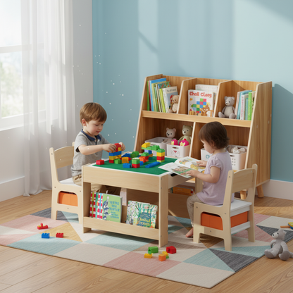 Kids Learning & Play Essentials Bundle ‚Äî Bookshelf + 4-in-1 Activity Table Set + 360¬∞ Swivel Chair