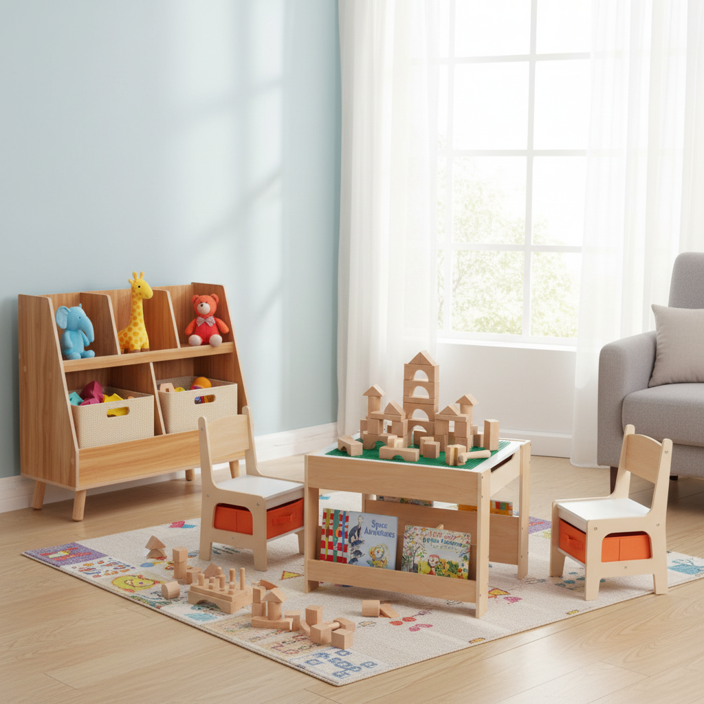 Kids Learning & Play Essentials Bundle ‚Äî Bookshelf + 4-in-1 Activity Table Set + 360¬∞ Swivel Chair