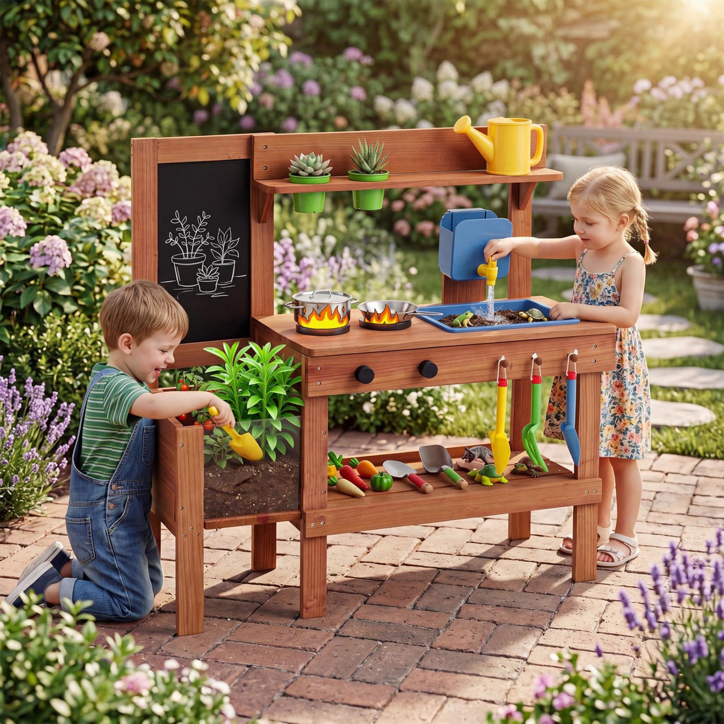 Kids Mud Kitchen with Planter Box and 13 Accessories