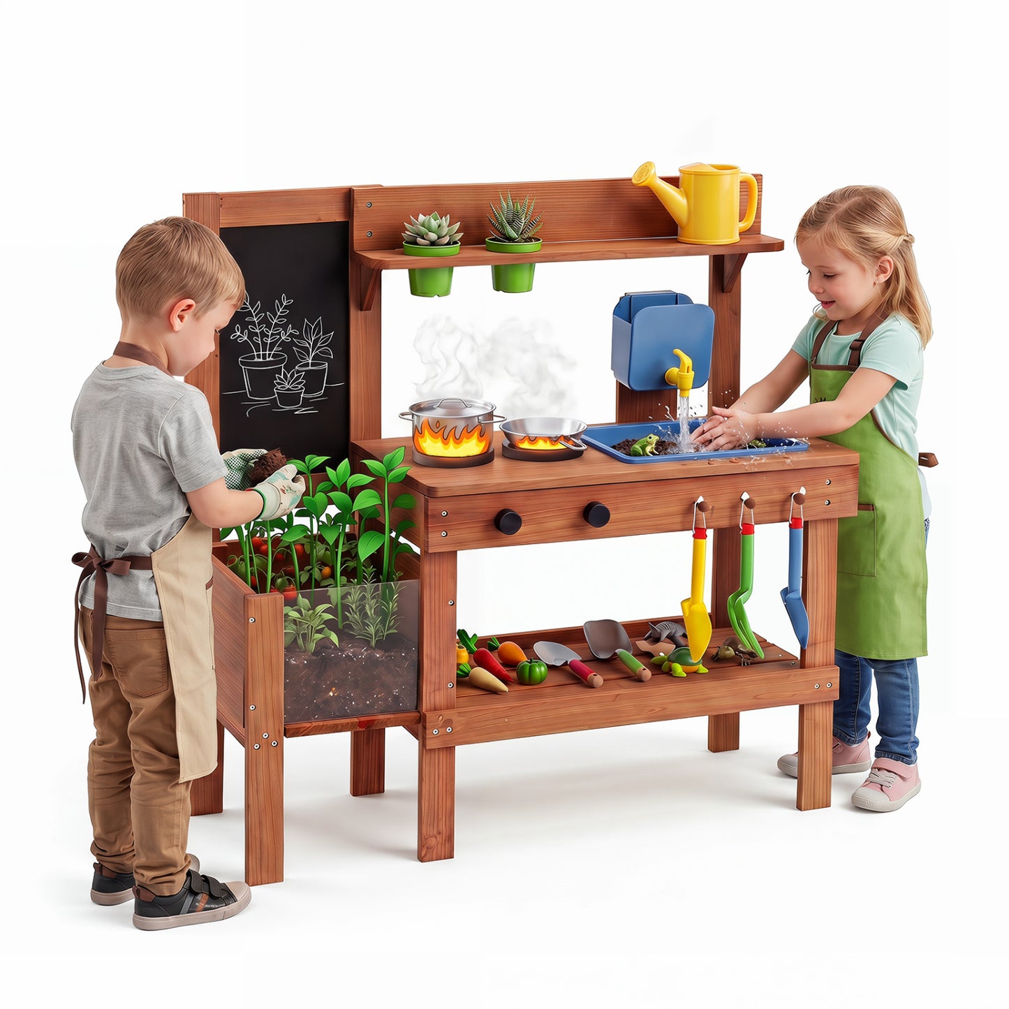 Kids Mud Kitchen with Planter Box and 13 Accessories
