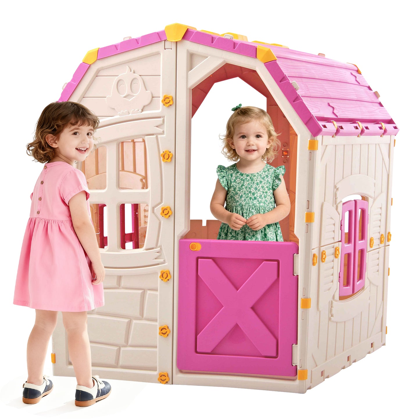 Kids Outdoor Playhouse with Openable Windows and Door for Indoor Room-Pink