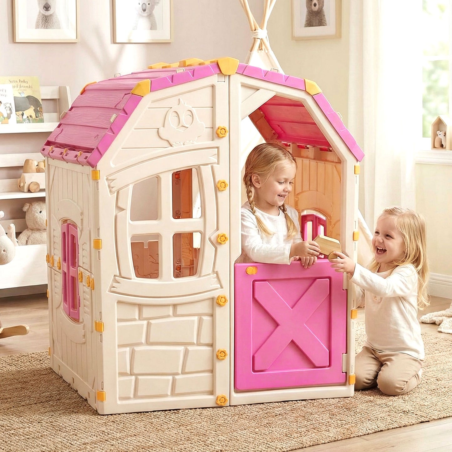 Kids Outdoor Playhouse with Openable Windows and Door for Indoor Room-Pink