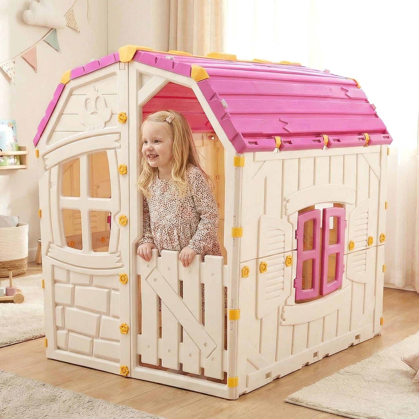 Kids Outdoor Playhouse with Openable Windows and Door for Indoor Room-Pink