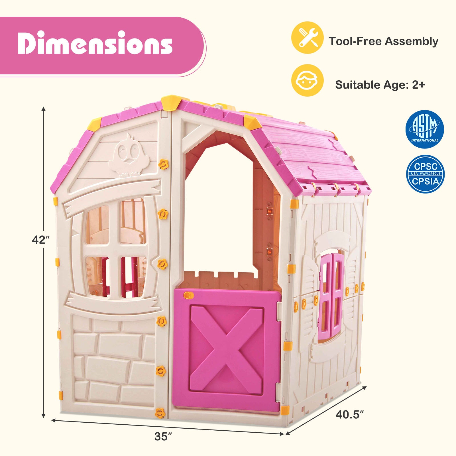 Kids Outdoor Playhouse with Openable Windows and Door for Indoor Room-Pink