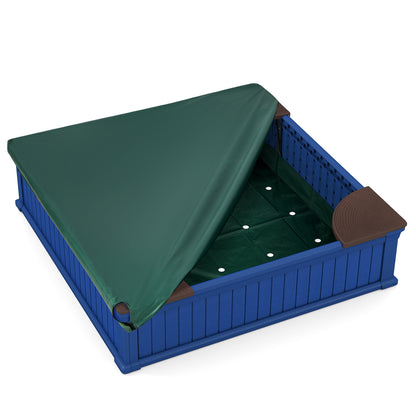 Kids Outdoor Sandbox with Oxford Cover and 4 Corner Seats-Brown - Navy