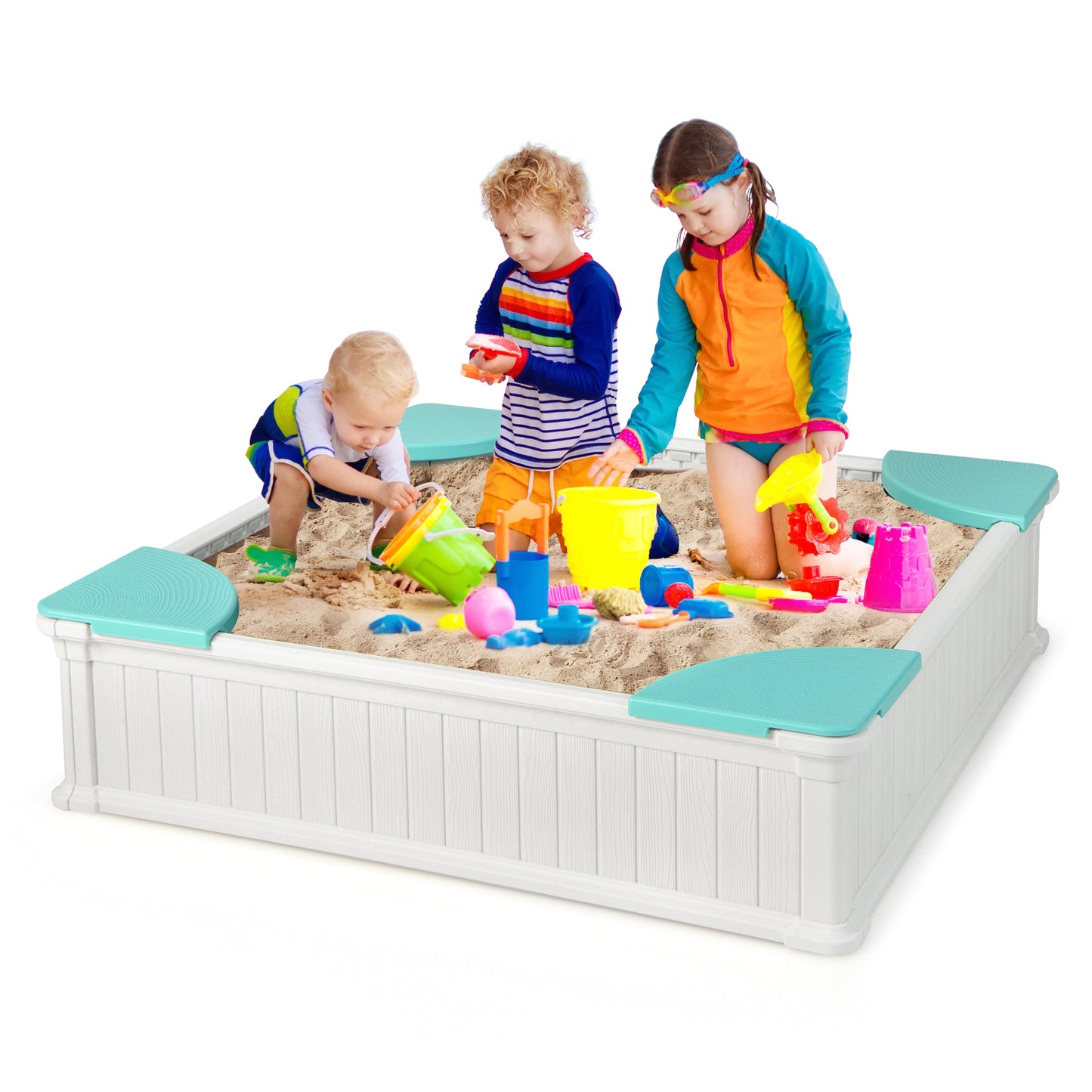 Kids Outdoor Sandbox with Oxford Cover and 4 Corner Seats-Brown - White