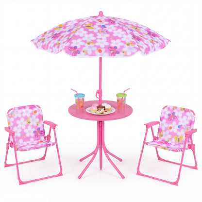 Kids Outdoor Table and Chair Set with 2 Folding Chairs and Height Adjustable Umbrella