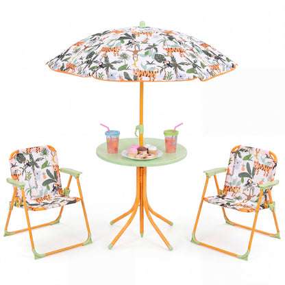 Kids Outdoor Table and Chair Set with 2 Folding Chairs and Height Adjustable Umbrella