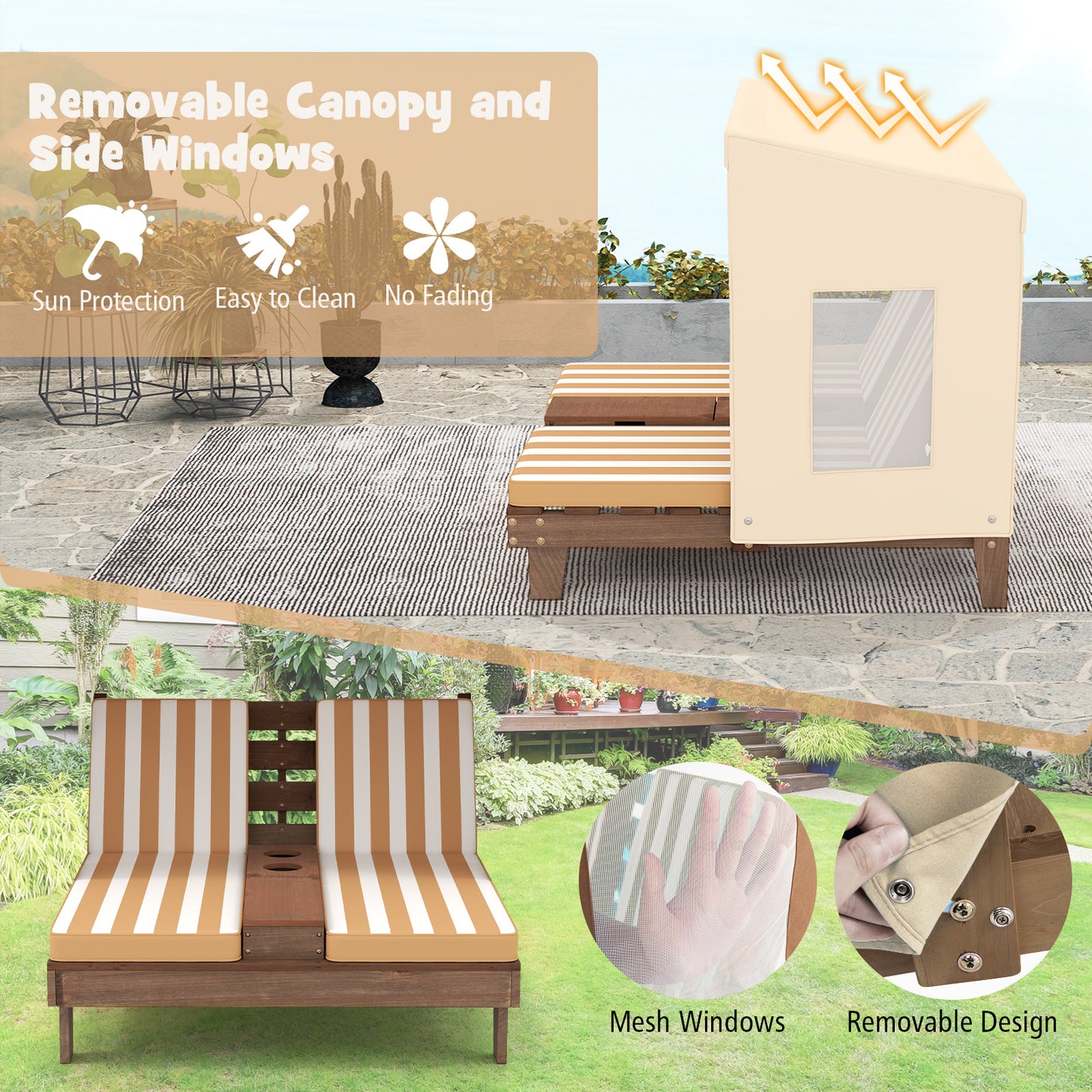 Kids Patio Lounge Chair with Cup Holders and Awning-Brown - Brown